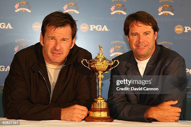 The USA captain Paul Azinger and European captain Nick Faldo address the media at the Kentucky State Fair Conference Center prior to the 2008 Ryder...