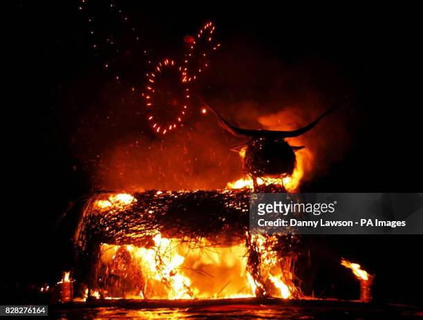Viking enthusiasts set fire to a 22ft-high wicker Catalonian bull on Carlton Hill, Edinburgh, to mark the start of the capitals Hogmanay...