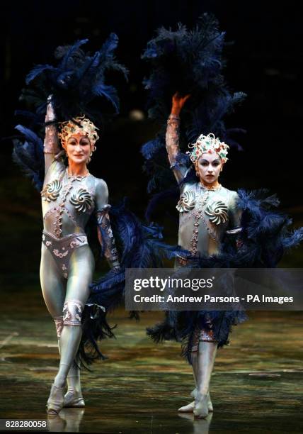 Rotchtchina Evojenia from Russia and Olga Vavrenyuk from the Ukaine perform on stage at the Royal Albert Hall during a photocall for Cirque Du...