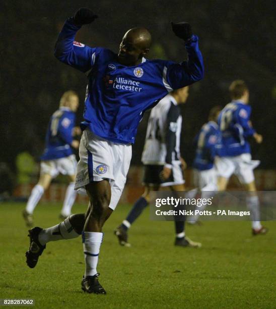 Leicester City's Elvis Hammond celebrates his goal against Tottenham Hotspur during the FA Cup Third Round match at the Walkers Stadium, Leicester,...