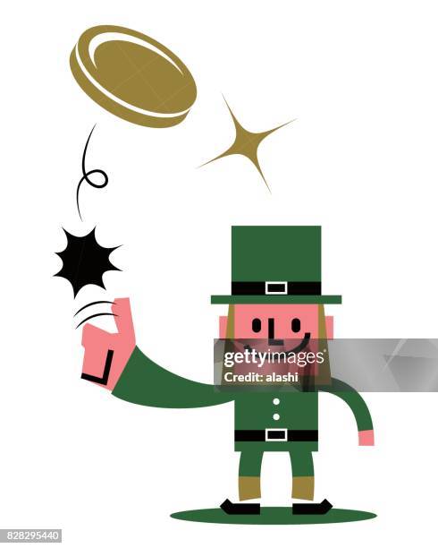 st. patricks day kobold charakter stehen eine münze (toss up, goldwährung) werfen - flipping a coin stock-grafiken, -clipart, -cartoons und -symbole