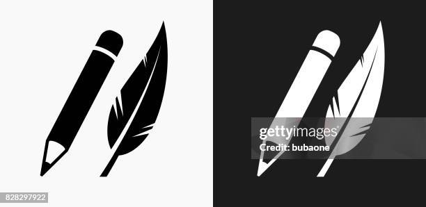 pencil and feather icon on black and white vector backgrounds - feather stock illustrations