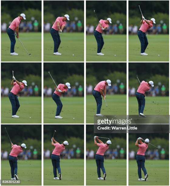 Composite image showing the swing sequence of Rory McIlroy of Northern Ireland as he plays his second shot on the fifth hole during a practice round...