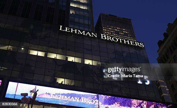 The Lehman Brothers' name is illuminated at the headquarters of Lehman Brothers Holdings Inc. September 15, 2008 in New York City. Lehman Brothers...