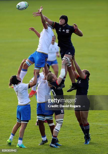 Stacey Bridges of The USA and Silvia Gaudino of Italy battle for line out ball during the Women's Rugby World Cup 2017 match between USA and Italy on...