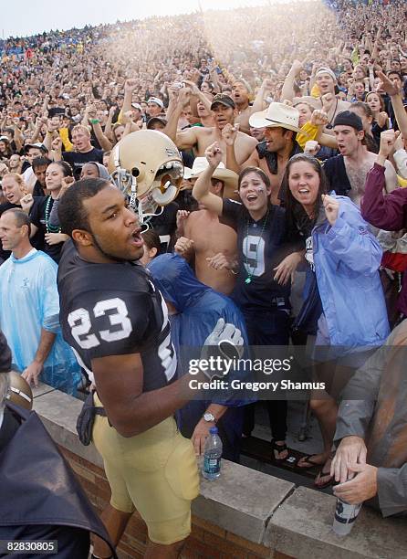 Golden Tate of the Notre Dame Fighting Irish celebrates after the game against the Michigan Wolverines on September 13, 2008 at Notre Dame Stadium in...