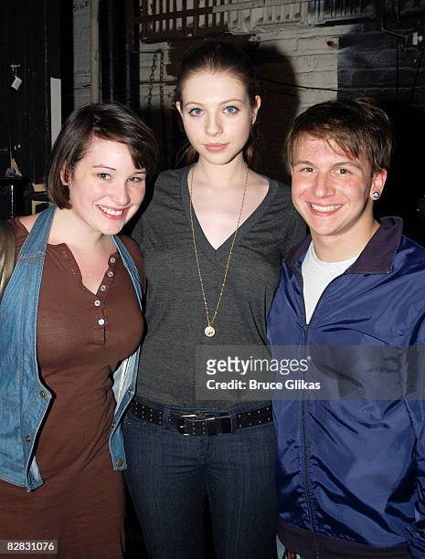 Emma Hunton, Michelle Trachtenberg and Gerard Canonico pose backstage at "Spring Awakening" on Broadway at The Eugene O'Neill Theater on September...