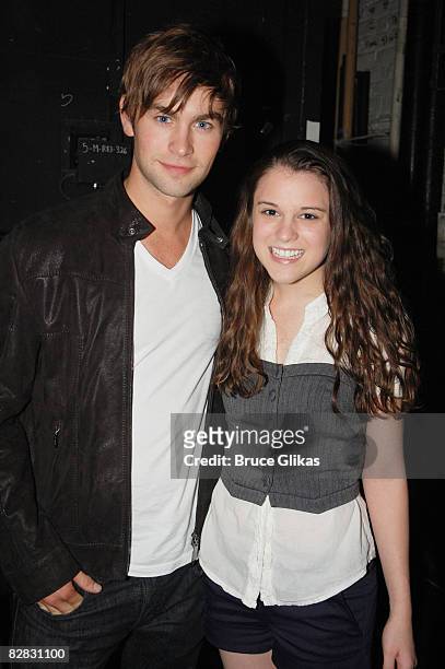 Chace Crawford and Alexandra Socha pose backstage at "Spring Awakening" on Broadway at The Eugene O'Neill Theater on September 13, 2008 in New York...