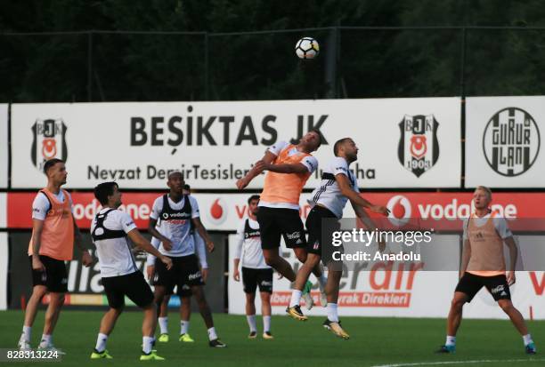 Footballers of Besiktas attend a training session ahead of the Turkish Spor Toto Super Lig new season match between Besiktas and Antalyaspor at...