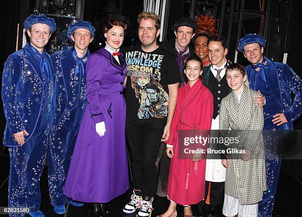 Perez Hilton and the cast pose backstage at "Mary Poppins" on Broadway at the New Amsterdam Theatre on September 14, 2008 in New York City.
