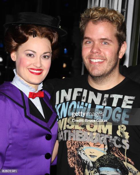 Ashley Brown and Perez Hilton pose backstage at "Mary Poppins" on Broadway at the New Amsterdam Theatre on September 14, 2008 in New York City.