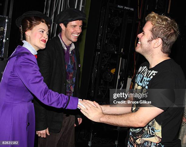 Ashley Brown, Gavin Lee and Perez Hilton pose backstage at "Mary Poppins" on Broadway at the New Amsterdam Theatre on September 14, 2008 in New York...