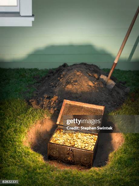 buried treasure in a residential back yard - trou sol photos et images de collection