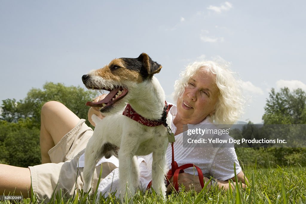 Portrait of boomer woman and her Jack Russell 
