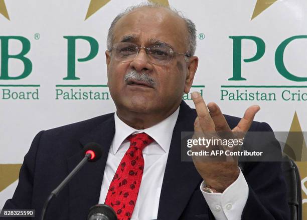 Newly elected chairman of the Pakistan Cricket Board Najam Sethi gestures during a press conference in Lahore on August 9, 2017. Sethi vowed...