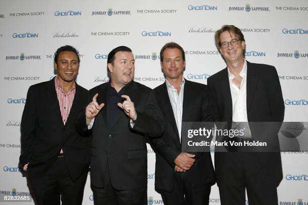Actor Aasif Mandvi, Actor Ricky Gervais and Greg Kinnear. And Director David Koepp attend the premiere of "Ghost Town" at the IFC Center on September...