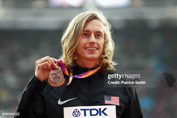 Evan Jager of the United States, bronze, poses with his medal for the Men's 3000 metres Steeplechase during day six of the 16th IAAF World Athletics...