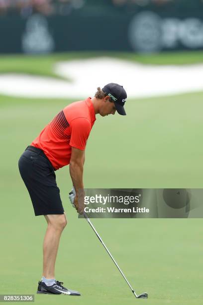 Thomas Pieters of Belgium plays a shot on the seventh fairway during a practice round prior to the 2017 PGA Championship at Quail Hollow Club on...