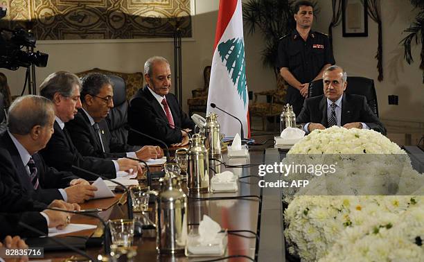 Lebanese MP Michel Murr, former president Amin Gemayel, Arab League Secretary General Amr Mussa, Lebanese Parliament Speaker Nabih Berri and...