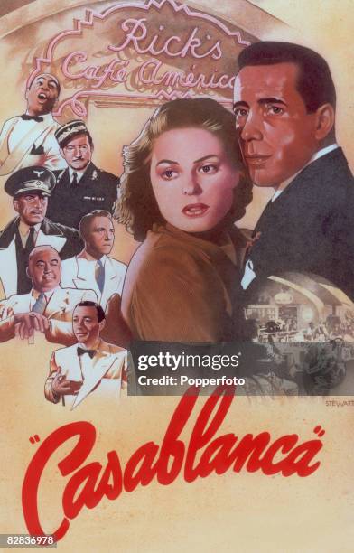 Humphrey Bogart and Ingrid Bergman star in the Warner Brothers film 'Casablanca', alongside Paul Henreid, Conrad Veidt, Claude Rains, Peter Lorre,...