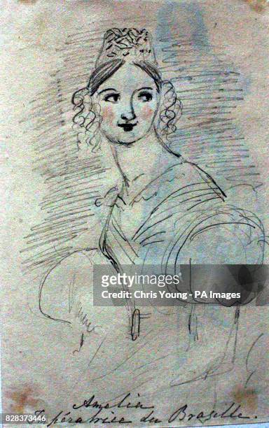 Drawing of Empress Amelia of Brazil by the then Princess Victoria in 1833, lies in a book which forms part of an exhibition of Brazilian memorabilia,...