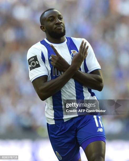 Porto's Malian forward Moussa Marega celebrates after scoring a goal during the Portuguese league football match FC Porto vs Estoril Praia at Dragao...