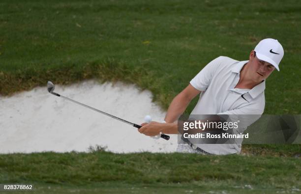 Cody Gribble of the United States plays his shot during a practice round prior to the 2017 PGA Championship at Quail Hollow Club on August 9, 2017 in...