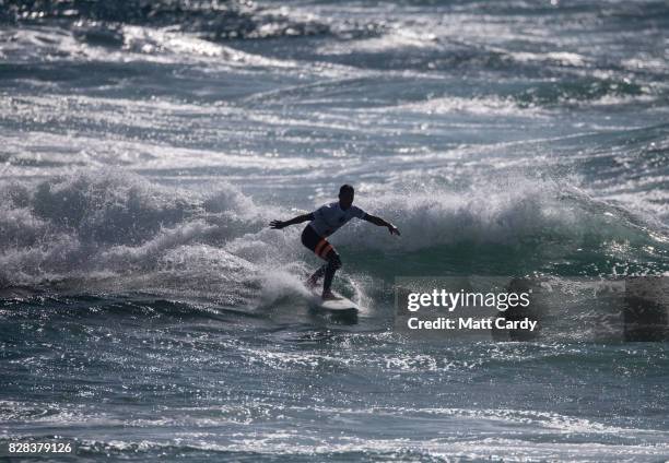 Marcos Rojas competes in a heat of the World Surf League Boardmasters Quiksilver Open at the annual Boardmasters festival held on Fistral beach in...