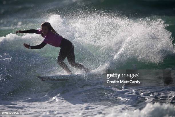 Yolander Hopkins competes in a heat of the Boardmasters Roxy Open at the annual Boardmasters festival held on Fistral beach in Newquay on August 9,...