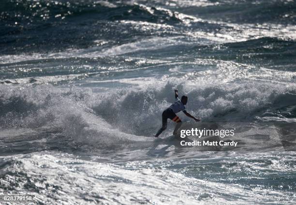 Marcos Rojas competes in a heat of the World Surf League Boardmasters Quiksilver Open at the annual Boardmasters festival held on Fistral beach in...