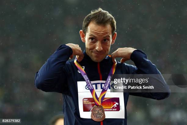 Renaud Lavillenie of France, bronze, poses with his medal for the Men's Pole Vault during day six of the 16th IAAF World Athletics Championships...