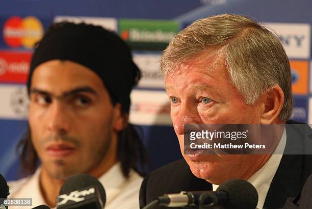 Sir Alex Ferguson of Manchester United speaks during a pre-match press conference at Old Trafford on September 16 2008, in Manchester, England.