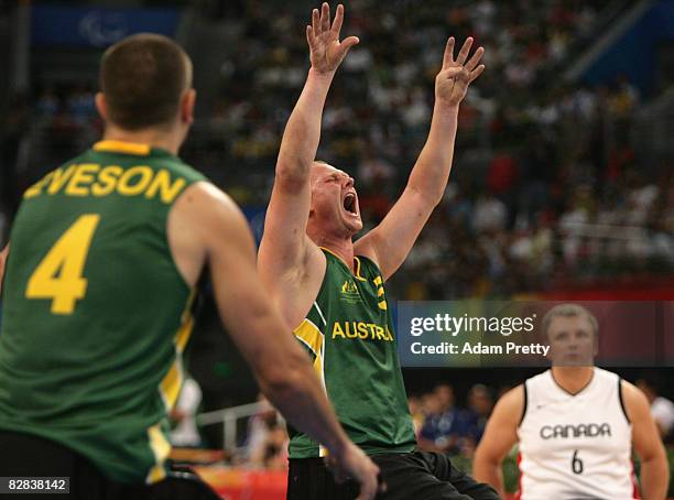 Troy Sachs of Australia celebrates winning the Gold Medal Wheelchair Basketball match between Australia and Canada at the National Indoor Stadium...