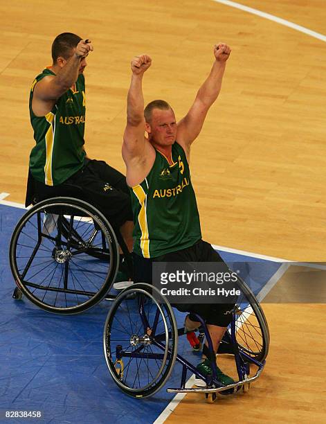 Troy Sachs celebrates after winning the Gold Medal Wheelchair Basketball match between Australia and Canada at the National Indoor Stadium during day...