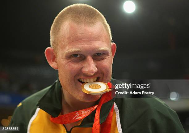 Troy Sachs celebrates after winning the Gold Medal Wheelchair Basketball match between Australia and Canada at the National Indoor Stadium during day...