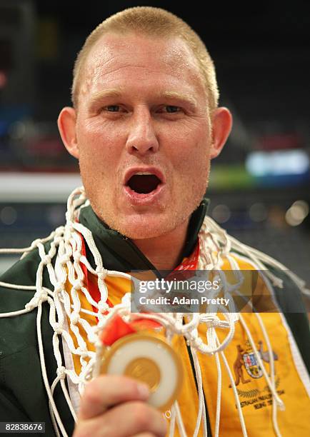 Troy Sachs celebrates after winning the Gold Medal Wheelchair Basketball match between Australia and Canada at the National Indoor Stadium during day...