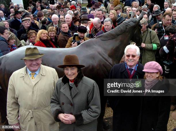 The Bronze of racehorse Best Mate is unveiled as Terry Biddlecombe with his wife and trainer Henrietta Knight standing with owner Jim Lewis and...