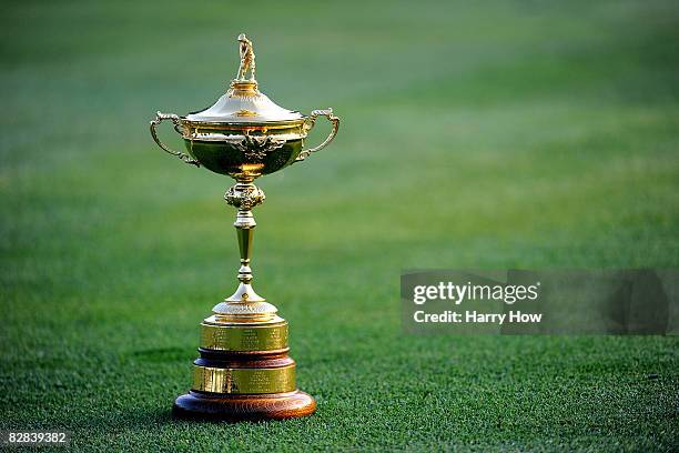 The Ryder Cup is shown on the ninth hole during the European team photo shoot prior to the start of the 2008 Ryder Cup at Valhalla Golf Club on...