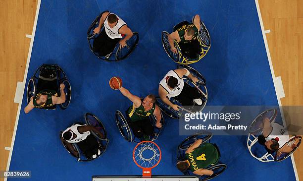 Troy Sachs of Australia lays it up during the Wheelchair Basketball match between Australia and Canada at the National Indoor Stadium during day ten...