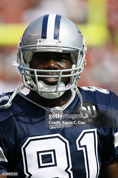 Terrell Owens of the Dallas Cowboys looks on before the game against the Cleveland Browns at Cleveland Browns Stadium on September 7, 2008 in...