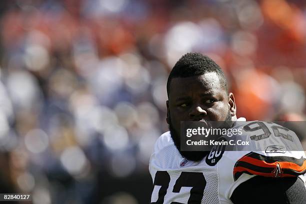 Shaun Rogers of the Cleveland Browns looks on before the game against the Dallas Cowboys at Cleveland Browns Stadium on September 7, 2008 in...