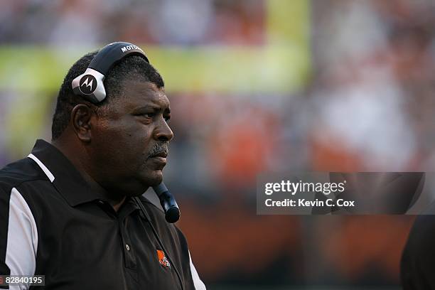 Head coach Romeo Crennel of the Cleveland Browns looks on during the game against the Dallas Cowboys at Cleveland Browns Stadium on September 7, 2008...