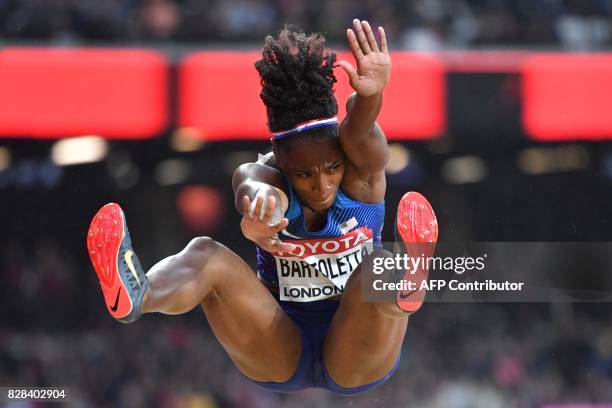Athlete Tianna Bartoletta competes in the women's long jump athletics event at the 2017 IAAF World Championships at the London Stadium in London on...