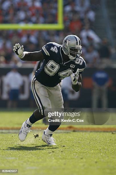 DeMarcus Ware of the Dallas Cowboys rushes during the game against the Cleveland Browns at Cleveland Browns Stadium on September 7, 2008 in...