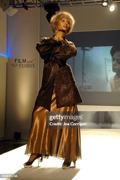 Model walks the runway at the Film Meets Fashion party on the closing night of the 2008 Urbanworld Film Festival at Espace on September 13, 2008 in...