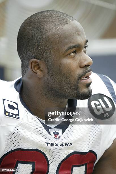 Defensive lineman Mario Williams of the Houston Texans looks on from the sideline during a game against the Pittsburgh Steelers at Heinz Field on...