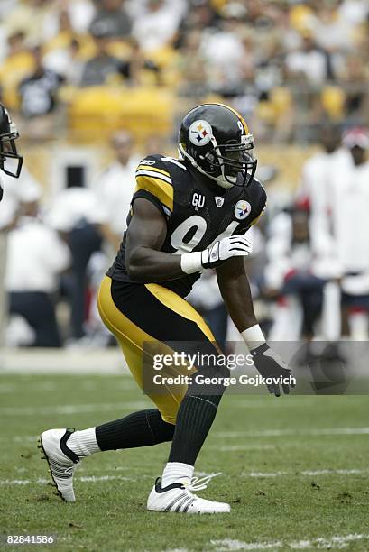 Linebacker Lawrence Timmons of the Pittsburgh Steelers pursues the play during a game against the Houston Texans at Heinz Field on September 7, 2008...