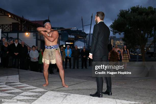 Andrew Durante receives a powhiri during a Wellington Phoenix A-League media announcement at Wharewaka Function Centre on August 10, 2017 in...