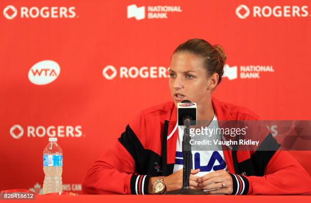 Karolina Pliskova of Czech Republic speaks to the media after defeating Anastasia Pavlyuchenkova of Russia during Day 5 of the Rogers Cup at Aviva...