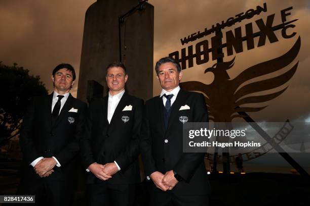 To R, Coach Darije Kalezic, club ambassador Ben Sigmund and assistant coach Rado Vidosic pose in front of the new Phoenix logo during a Wellington...